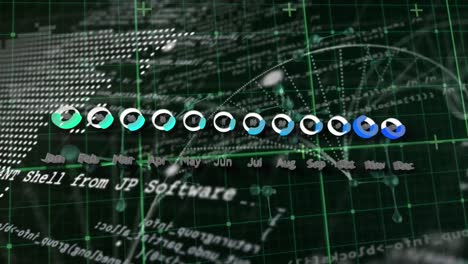 animation of financial data processing over molecules and world map on black background