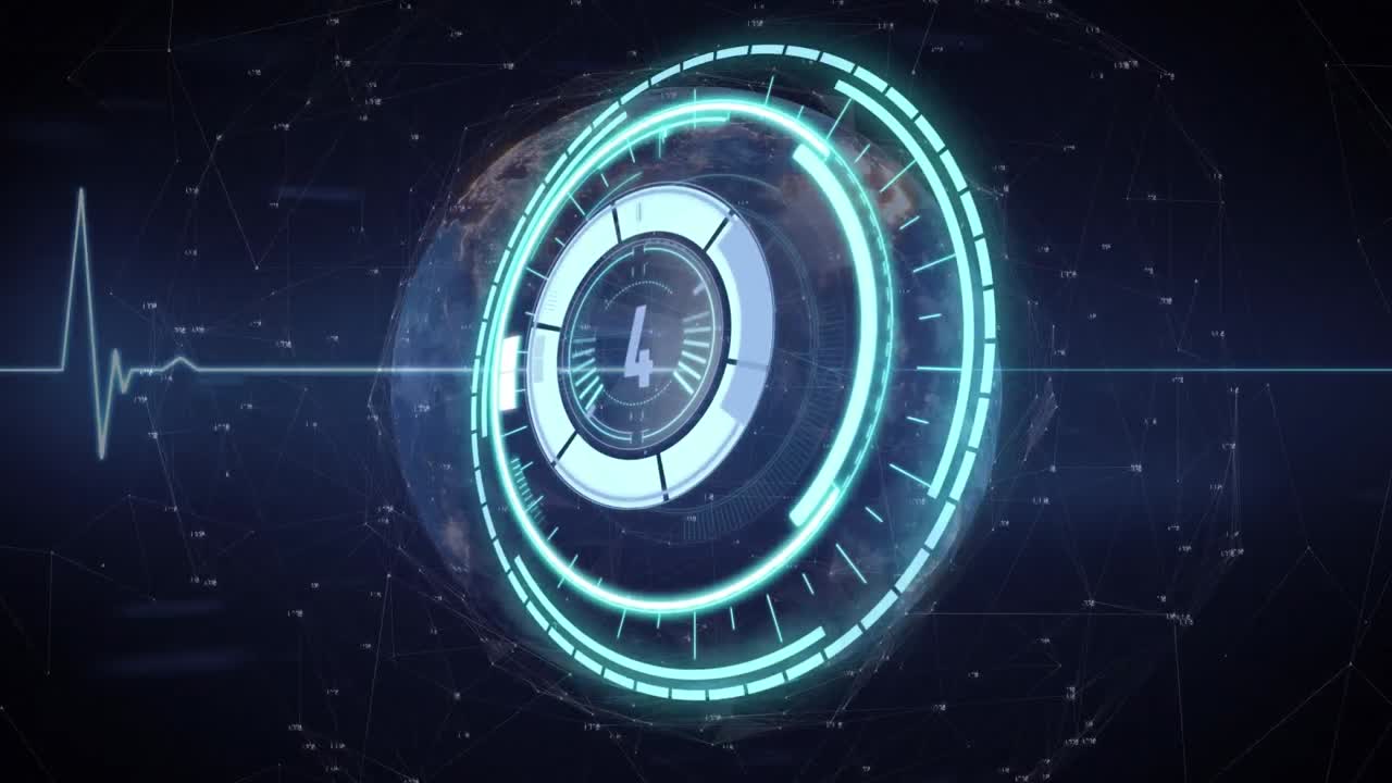 animación del reloj sobre el monitor de frecuencia cardíaca y el mapa del mundo