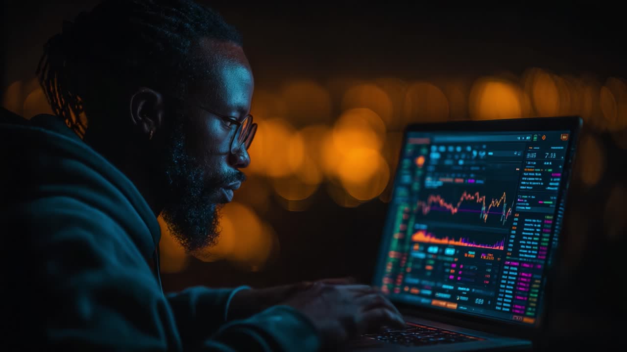 Focused Individual Analyzing Dynamic Data on Laptop Screen with Colorful Graphs and Metrics in a Darkened Environment, Illustrating Modern Analytics and Insight Exploration