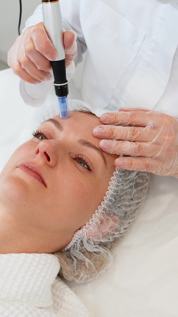 Mesoterapia senza iniezioni o elettroporazione estetista fa la terapia del viso della donna nel salone della clinica