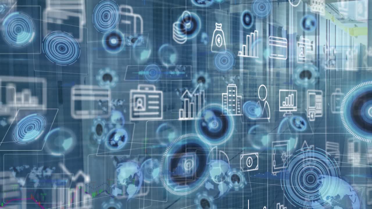 animación de iconos digitales y escáneres redondos múltiples contra la sala de servidores de computadoras