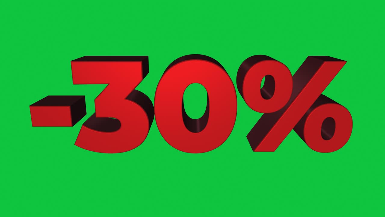 Red 3D minus 30 percent tilting forward and backward on green in a seamless loop