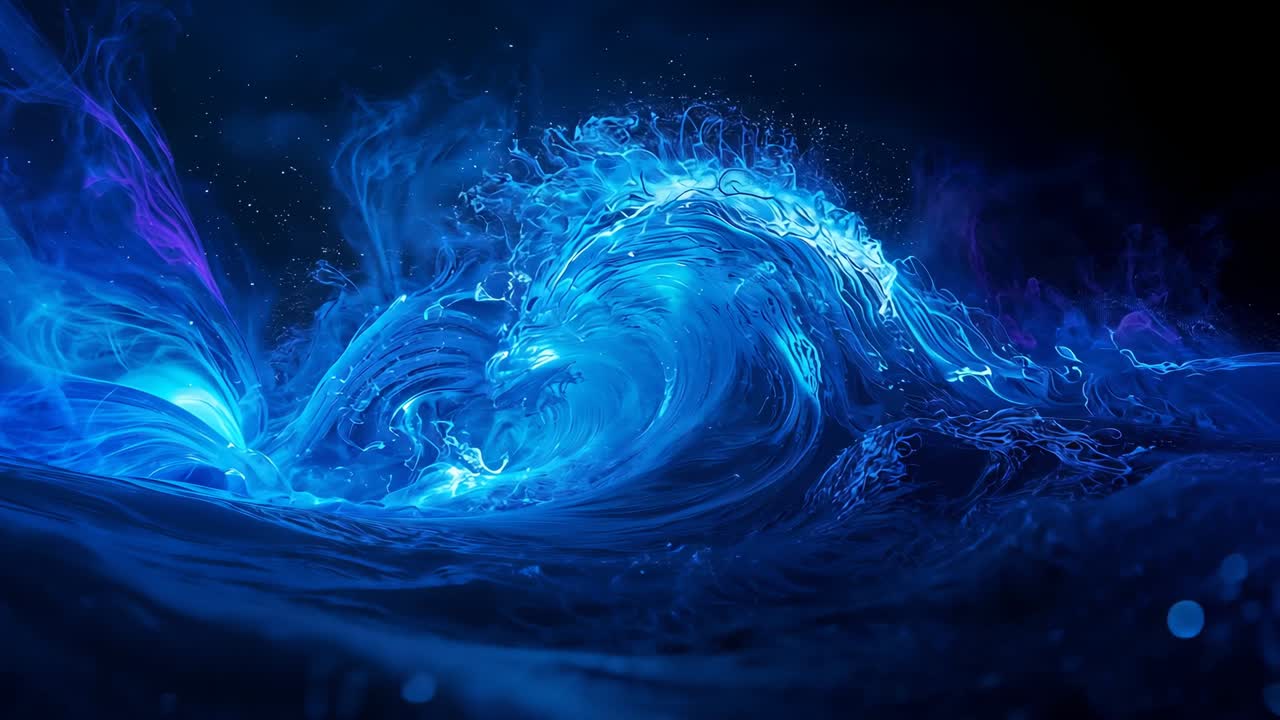 Surging left-edge electric-blue wave curling inward in black void, forming filaments, drifting orbs