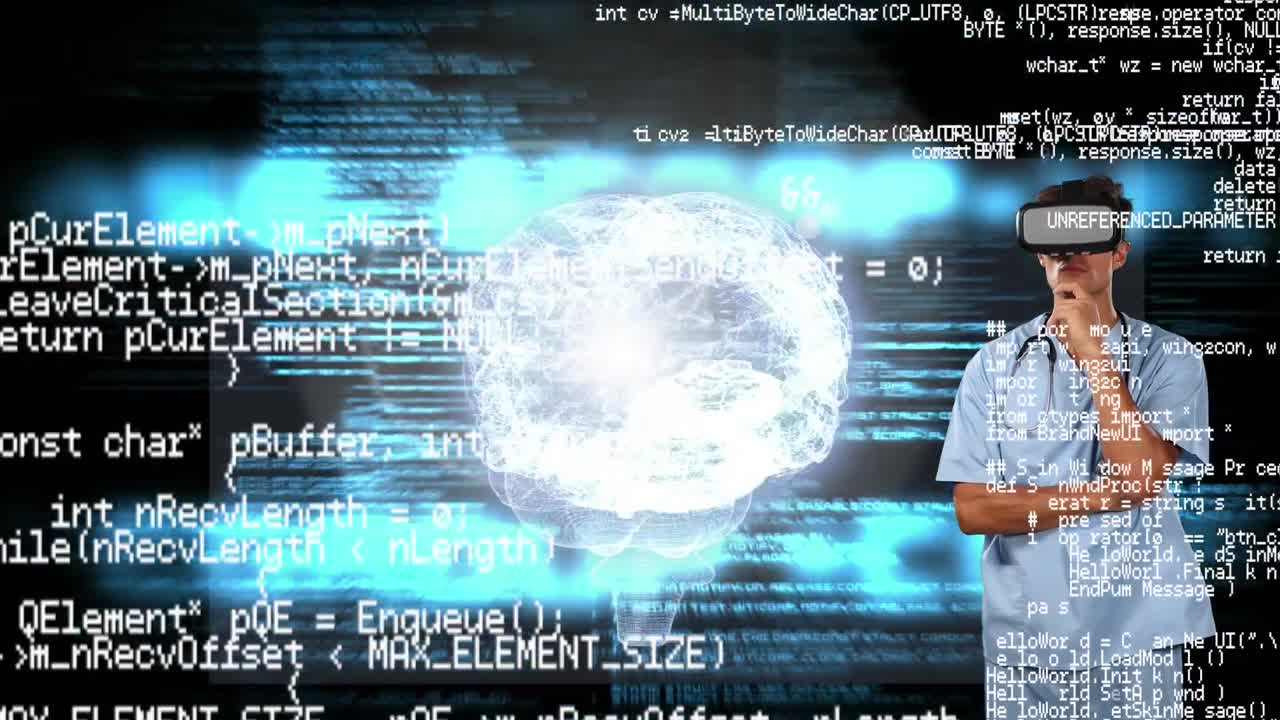 vr 헤드 ⁇ 과 인간 뇌를 착용한 여성 의사에 대한 데이터 처리 애니메이션