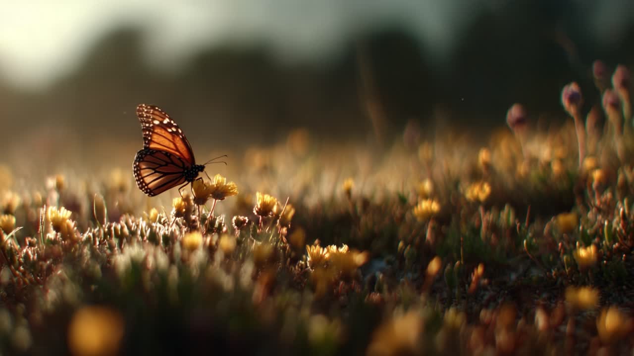 Una leggiadra farfalla monarca, appollaiata in modo affascinante tra vivaci fiori di campo, che abbraccia la bellezza della natura in una tenue luce dorata