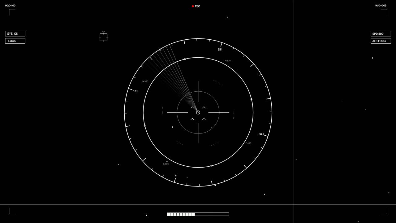 Et science fiction HUD-element med et cirkulært design. Det indeholder dataudlæsninger og linjer, der angiver positionering. Kan bruges til videoredigering eller webdesignprojekter