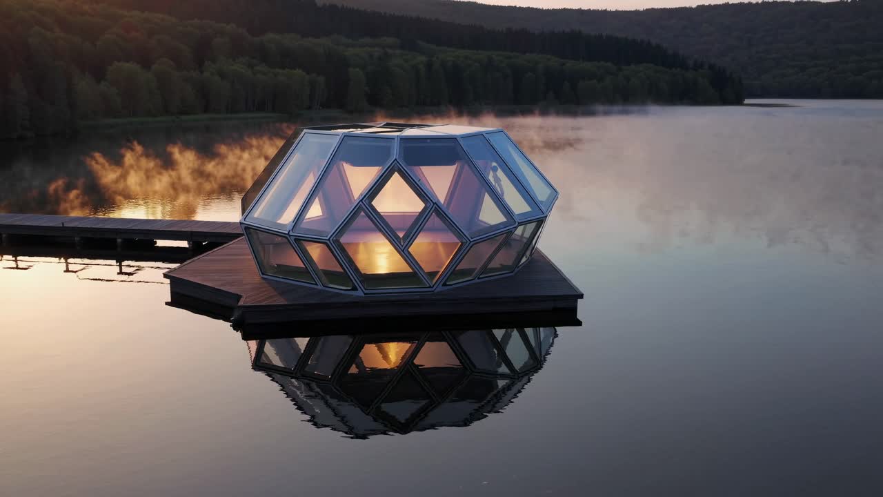 Glass house hovering over lake surface, reflecting misty sunset light, embodying contemporary architectural minimalism with serene waterscape surrounding structure