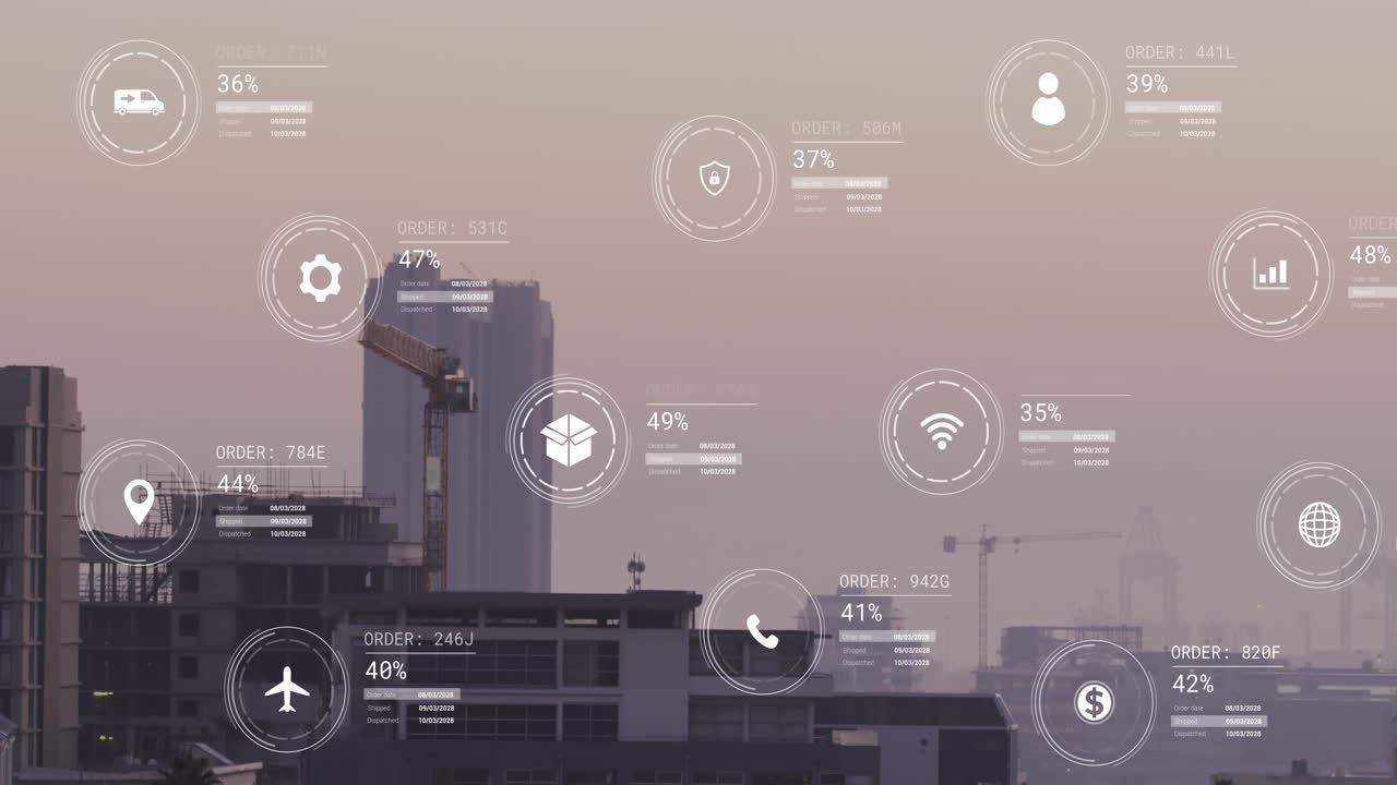 Animation of icons with data processing over cityscape