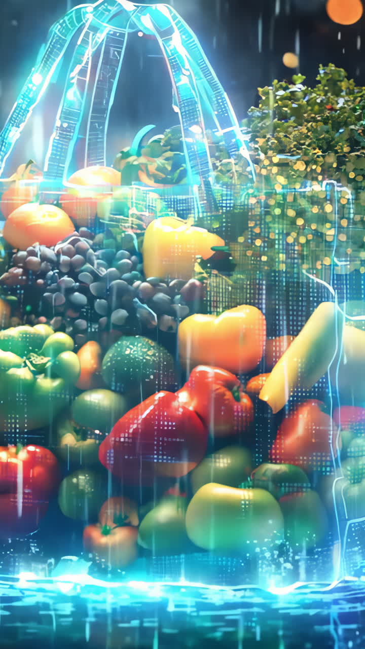 A bag of vegetables is glowing in the dark. The bag is filled with a variety of vegetables including carrots, peppers, and grapes. The glowing effect gives the image a surreal and dreamlike quality