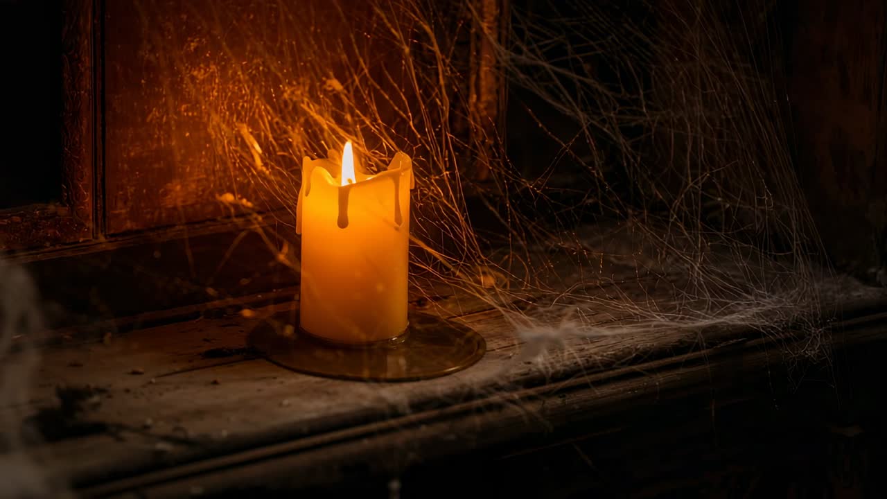 Dripping wax from amber pillar candle onto metal tray on dusty cobwebbed sill, releasing thin smoke