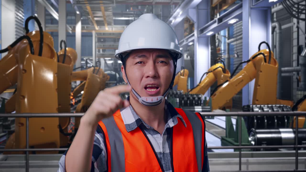 Close Up Of Angry Asian Male Engineer With Safety Helmet Shouting At Someone While Standing With Industrial Robotic Arms Working