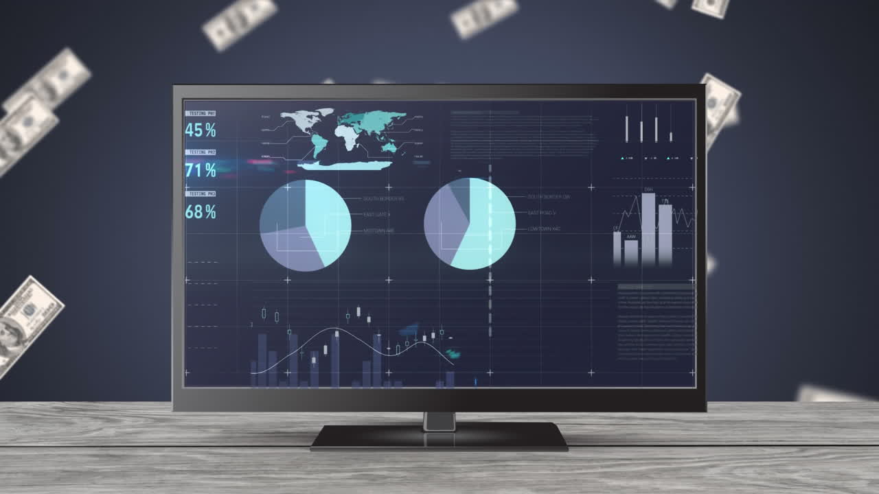Graphs and statistics on a television screen