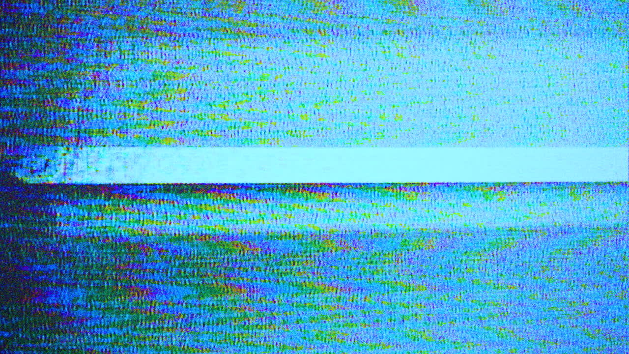 Like and subscribe glitch purple blue title on grainy vhs background, retro VHS style