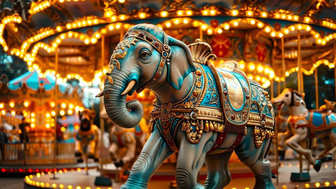 Night carousel with elephant statue. Brightly lit carousel features a detailed elephant statue among other animals during an evening festival
