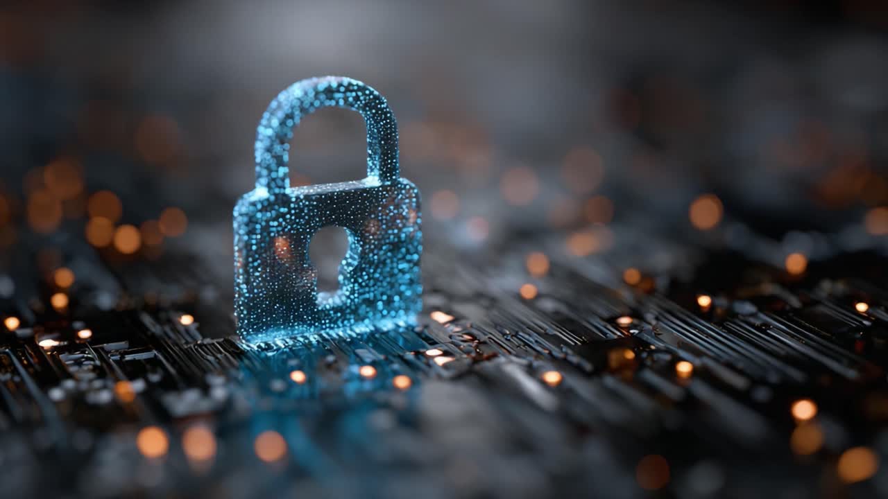 A Glowing Digital Lock on a Circuit Board: Exploring the Concept of Cybersecurity and Data Protection in a High-tech Environment with Abstract Lights