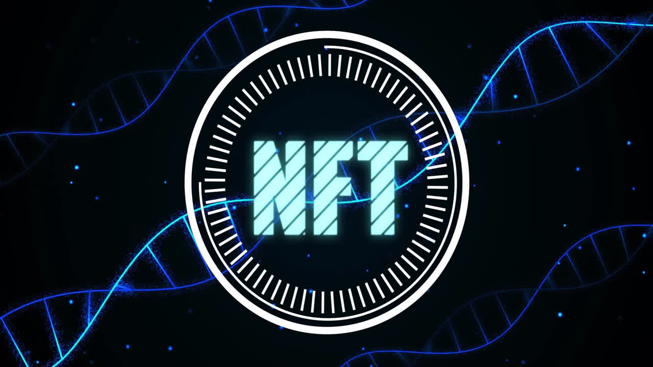 Central glowing cyan NFT label floating inside circular white gauge among blue DNA helix strands