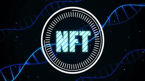 central glowing cyan nft label floating inside circular white gauge among blue dna helix strands