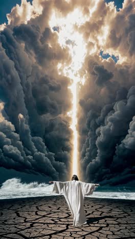 dramatic video concept with a low-angle view of a figure in white on cracked earth