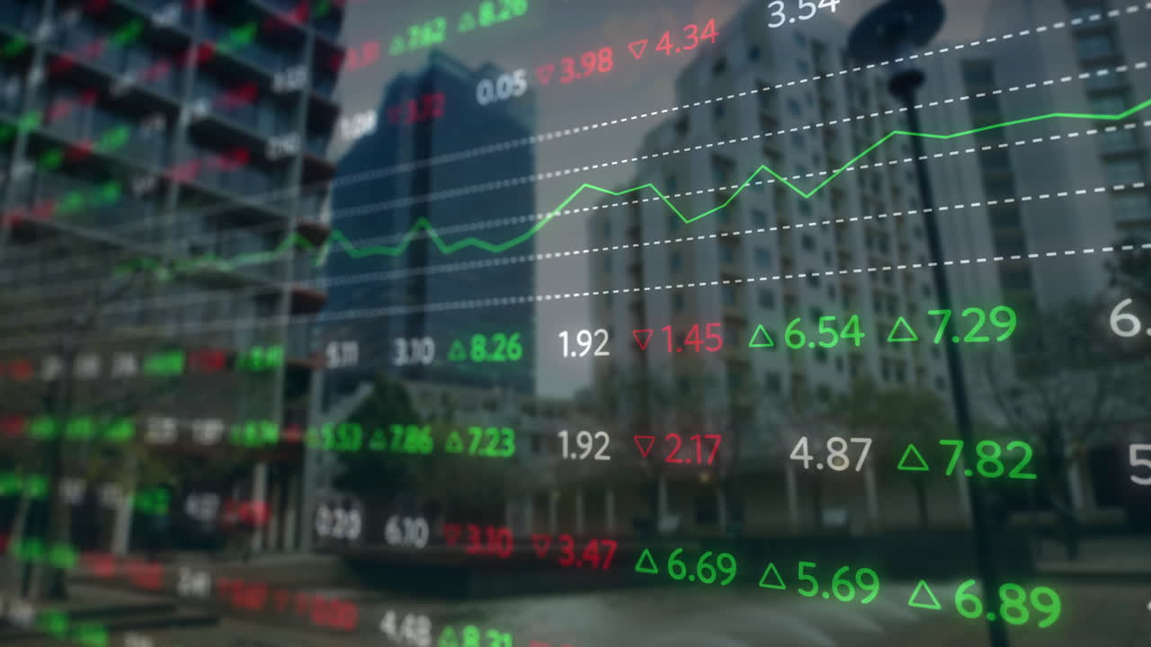 animación del procesamiento de datos financieros sobre el paisaje urbano