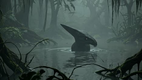 mysterious swamp creature in a foggy jungle