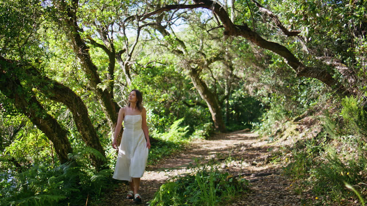 Relaxed woman strolling sunlight jungles. Serene model walking forest