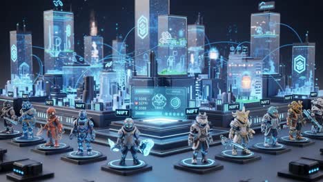 futuristic digital city with advanced characters in action: a visual exploration of virtual collectibles and innovative technology in a cybernetic landscape