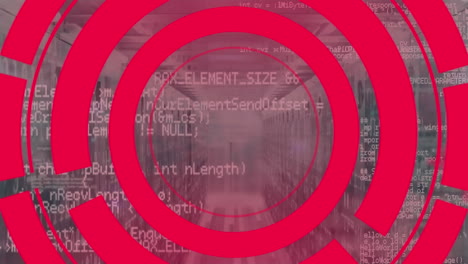 animación de círculos de carga y lenguaje informático sobre la sala del servidor de datos