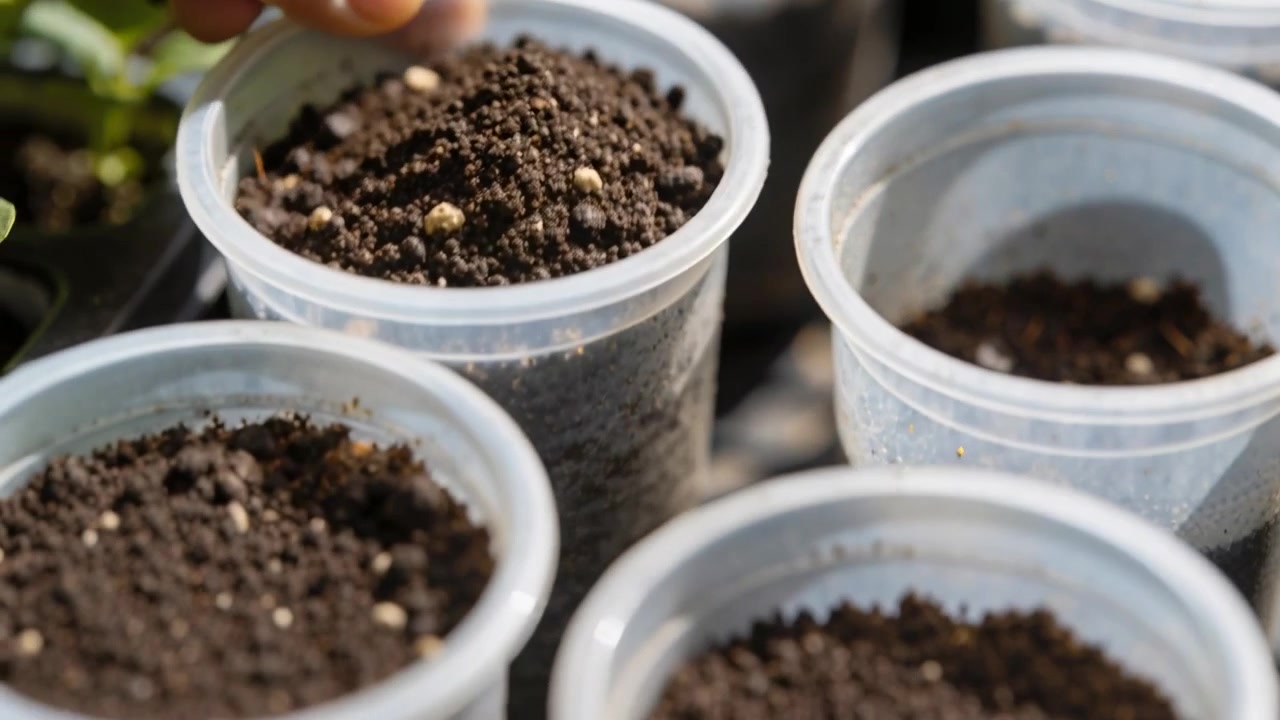 Panoramica della telecamera che rivela bicchieri trasparenti con terriccio e perlite su un banco, con un vassoio per semina lasciato per la propagazione.