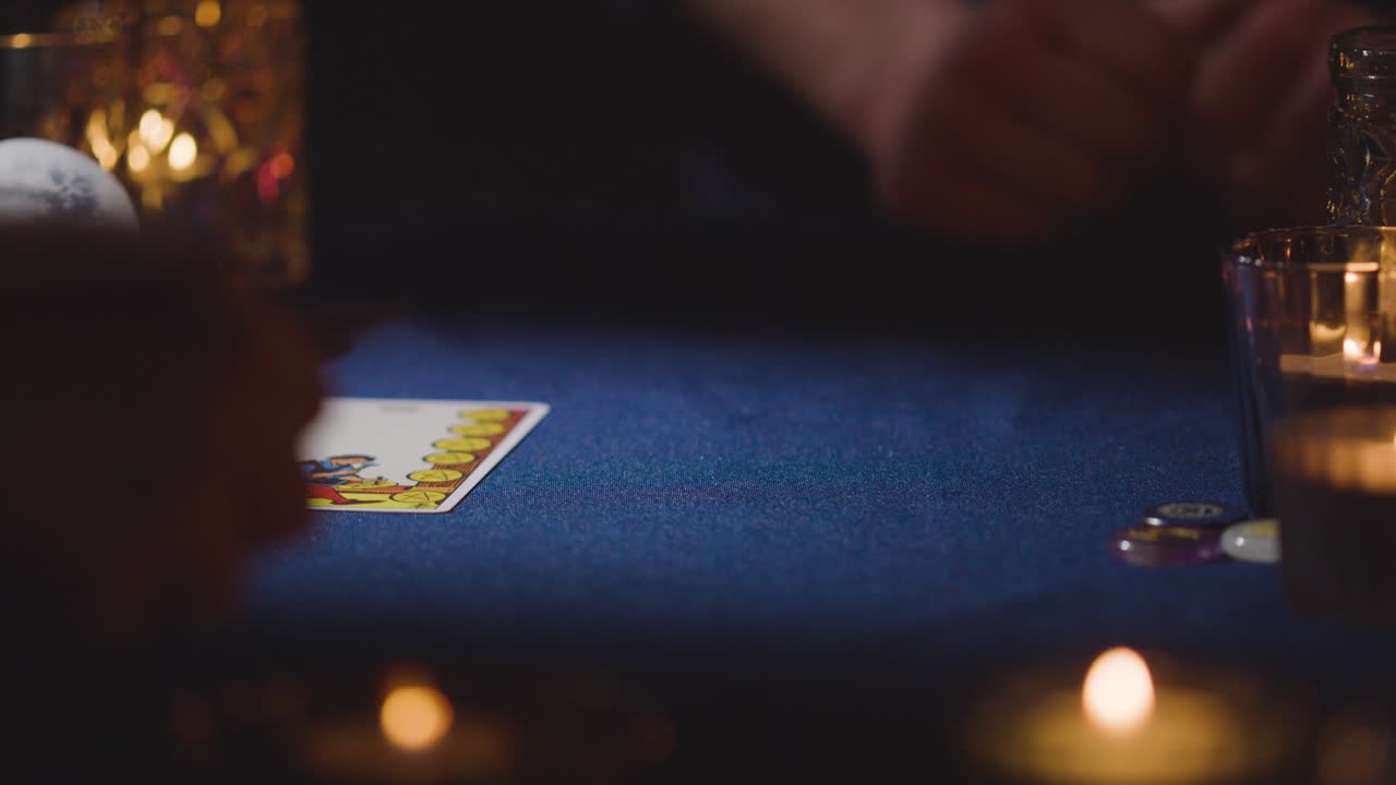 불빛 테이블 6에서 남자에게 타로 카드 읽기를 제공하는 여성의 클로즈업