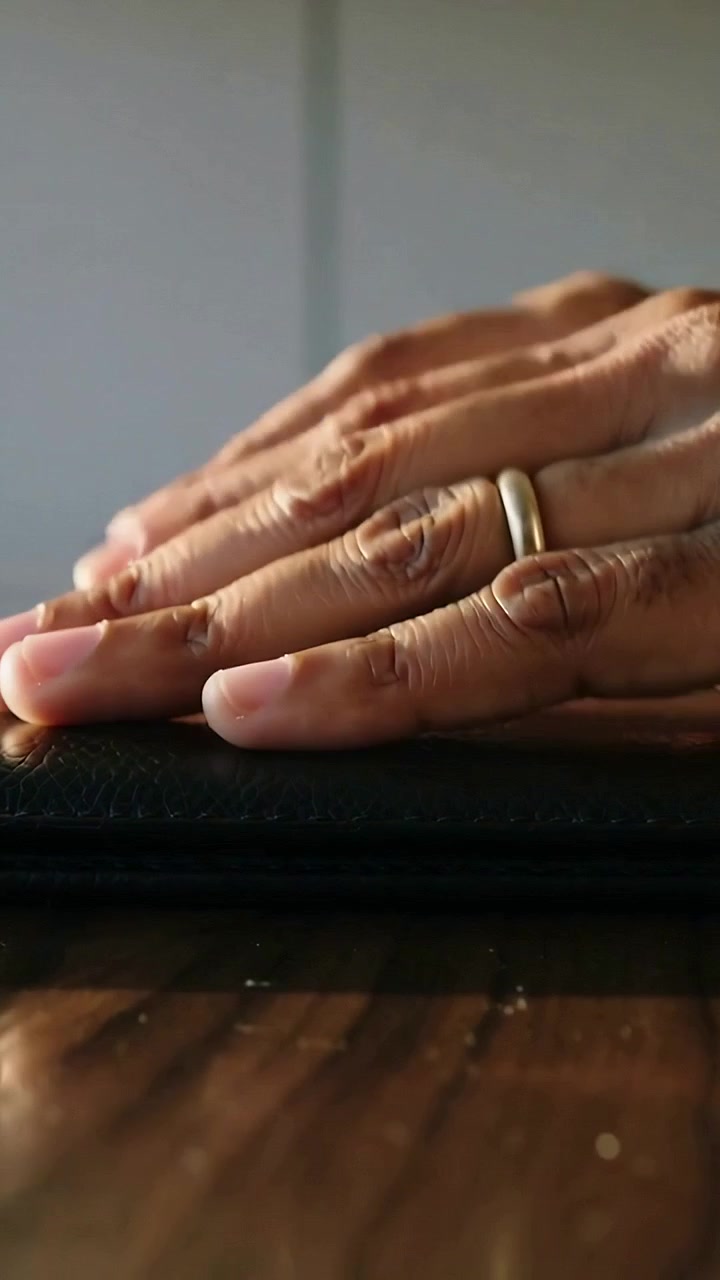 Vertical video: Finger touching folio, hand flattening palm on tabletop, resting with ring visible