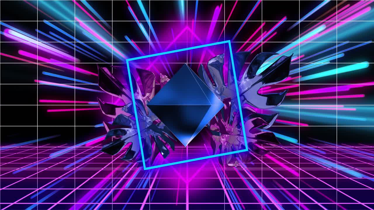 Animazione di scie al neon colorate e forme su foglie su sfondo nero.