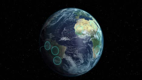 Drehender-Globus-Mit-Strahlend-Blauen-Konzentrischen-Kreisen,-Die-Sich-Zwischen-Gebieten-Auf-Schwarzem-Hintergrund-Ausbreiten
