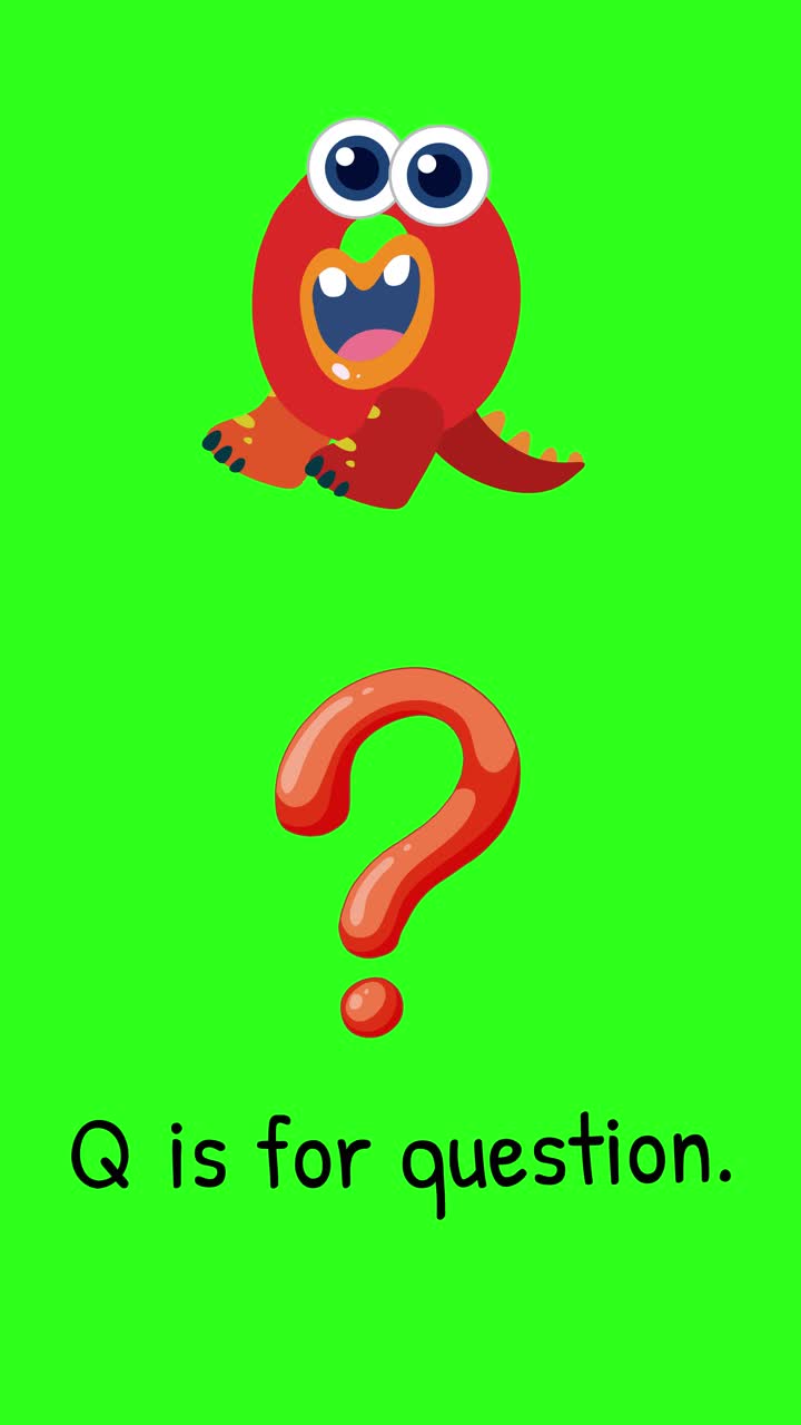Bright animation with a playful character introducing the letter Q and a question mark on a green background