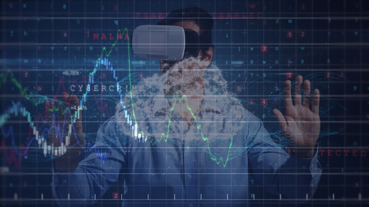 Finansiel databehandling og online sikkerhedsadvarsler over mand med VR-headset