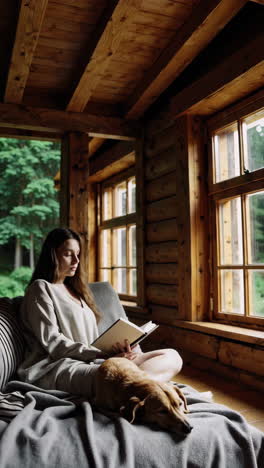 woman and dog relaxing in a cozy log cabin reading a book