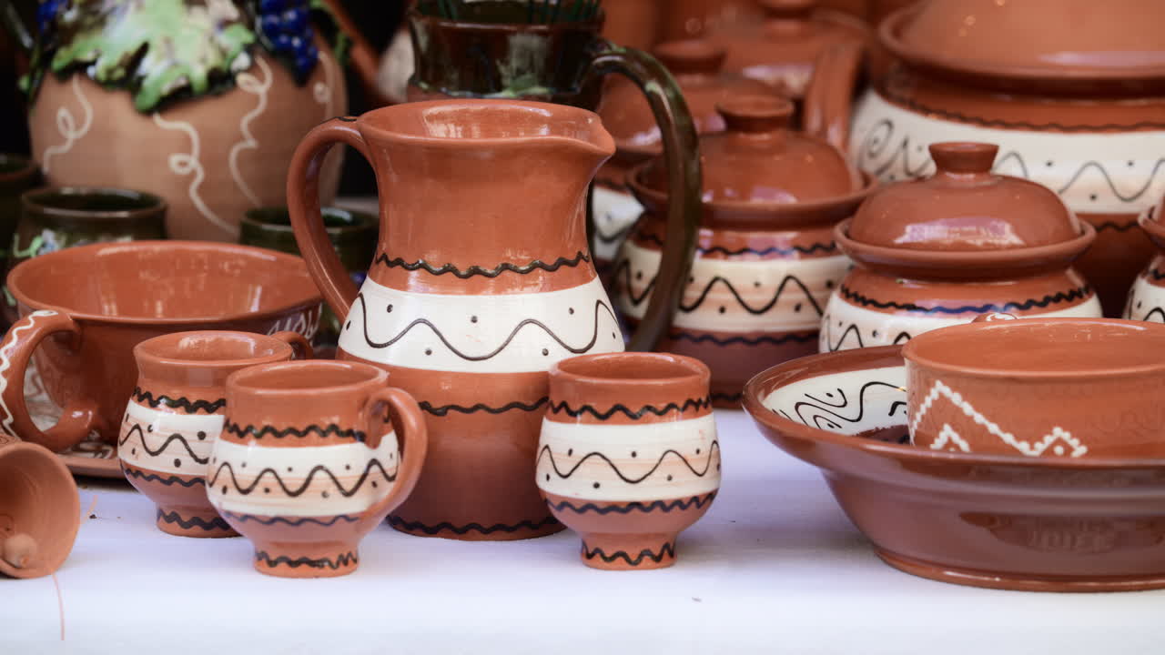 Traditional pottery crafting at a lively market. Artisans showcase their traditional Moldavian designs