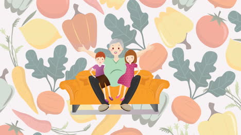 animation of illustration of happy grandfather with grandchildren on knee, vegetables in background