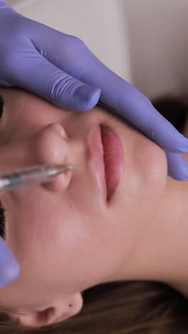a woman is receiving a nose injection, with the needle entering her nostril. she is holding her head still with one hand while keeping her eye on the needle