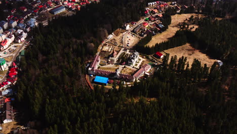 aerial drone shot of the caraiman monastery in romania, predeal