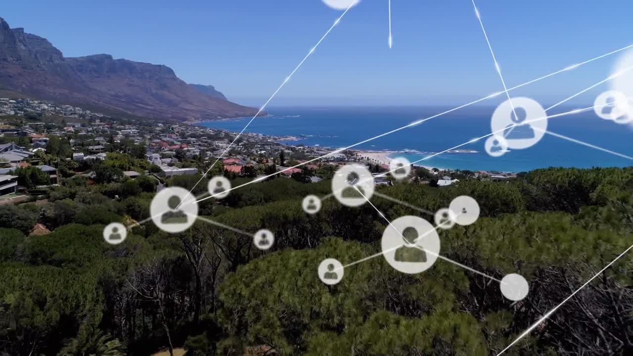 도시 풍경 위의 아이콘으로 연결된 네트워크의 애니메이션