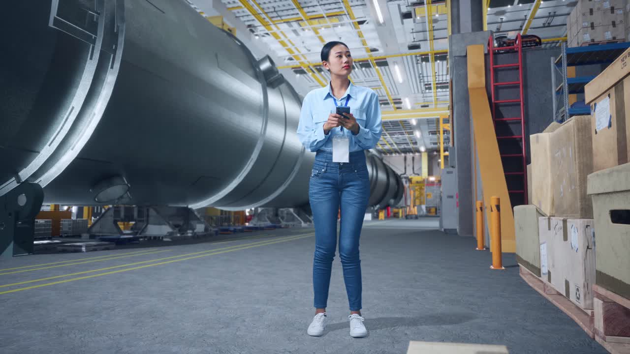 mujer usando un teléfono inteligente en una fábrica