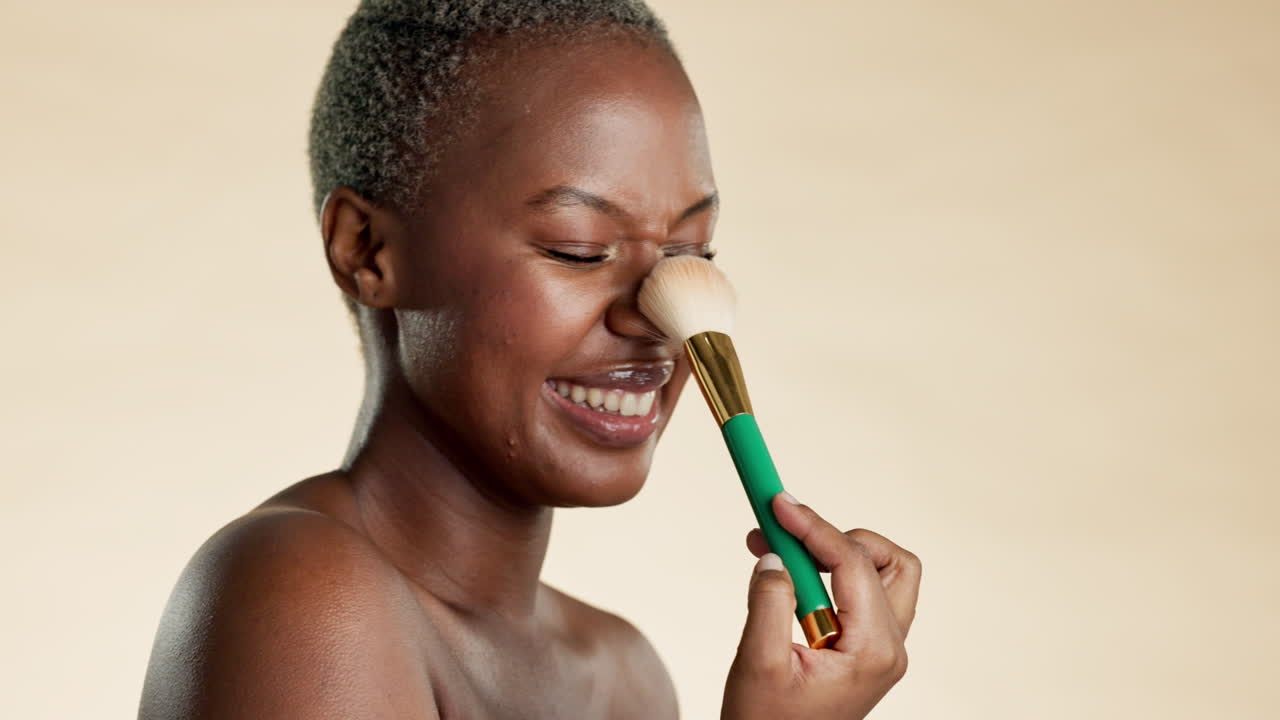 Black woman, face and brush for makeup