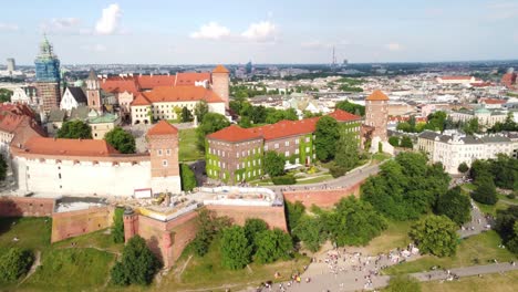 Drone-shot-of-Poland-beautiful-old-cultural-heritage-sightseeing-landmark-Wawel-Royal-Castle-and-Museum