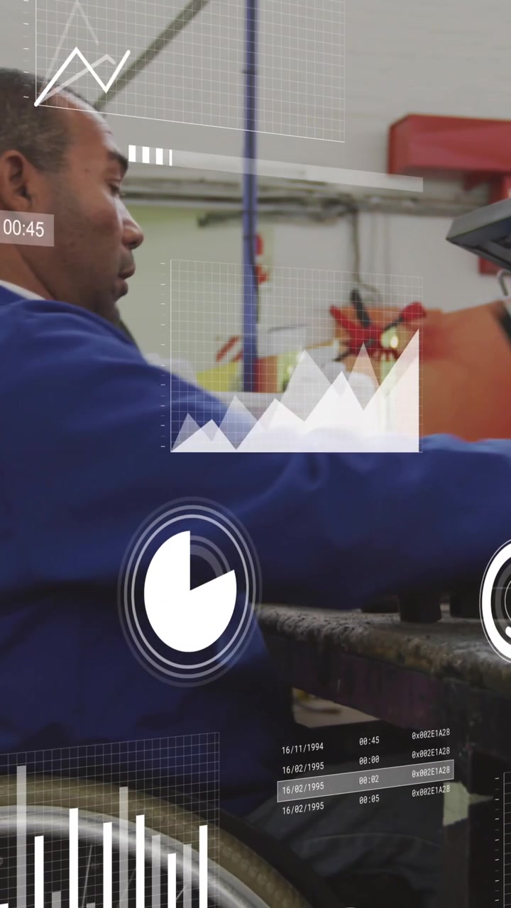 Animation of loading bars and graphs over diverse coworkers making equipment on table in garage