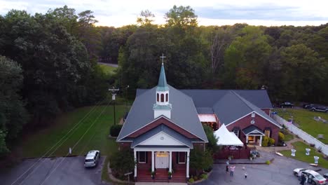 an elevated drone shot of a rural church in south carolina