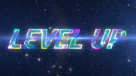 Animation-of-lightning-effect-over-level-up-text-banner-against-lens-flare-and-shining-stars
