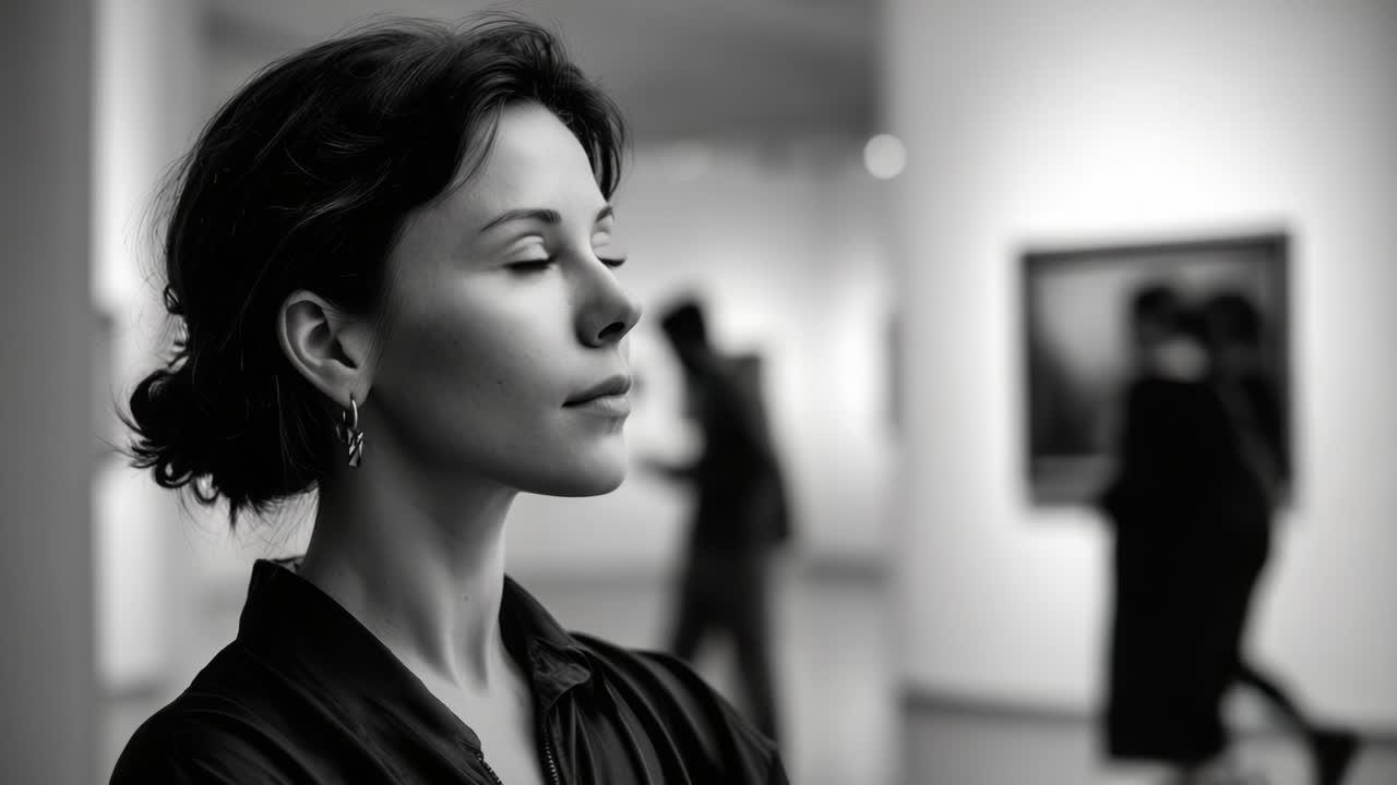 A Thoughtful Woman Contemplates Art in a Gallery Setting, Capturing Emotion and Reflection with Guests and Artwork in the Background, Evoking Creativity and Inspiration
