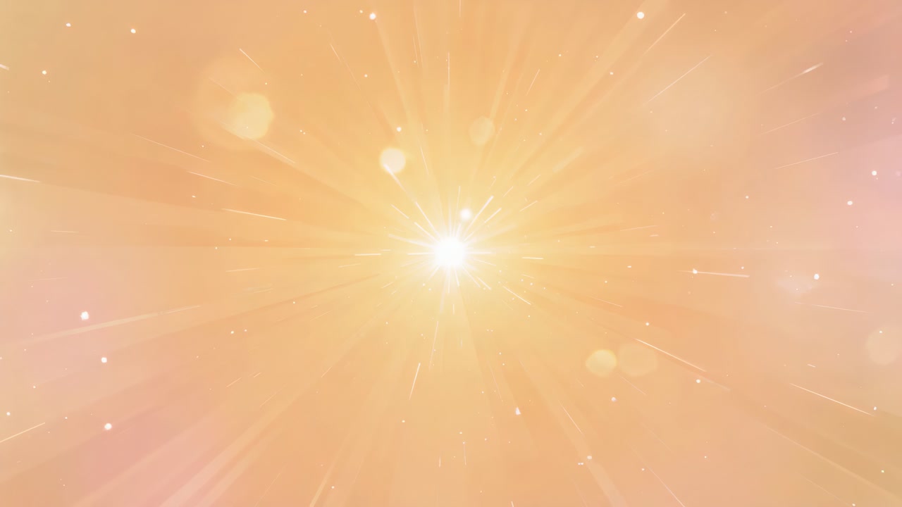 Playing central bright starburst light expanding and sending rays over warm orange-peach background