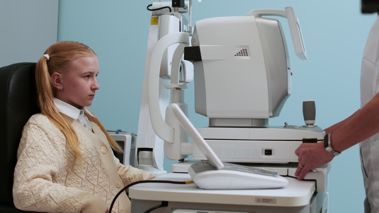 안경 조절 장비를 조정하는 의사