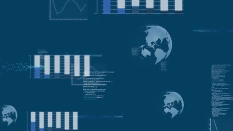 Animation-of-multiple-graphs,-globe-and-computer-language-over-blue-background